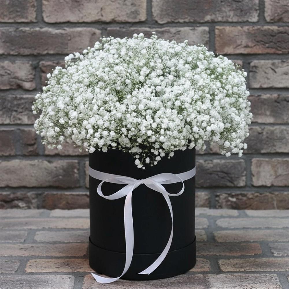 Цветочная композиция из Гипсофила в шляпной коробке в Агрогородок