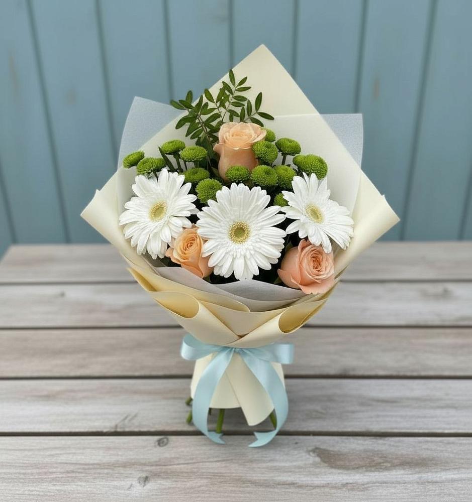 Букет герберы и розы в Агрогородок Букет цветов из: Герберы, Розы и Хризантемы в Агрогородок